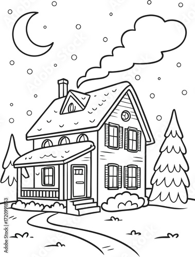 line art cozy house with christmas lights glowing .eps