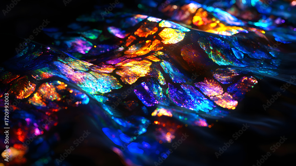 Fototapeta premium Dazzling iridescent texture shimmering with vibrant psychedelic colors, abstract digital art capturing fluid motion and glowing particles.