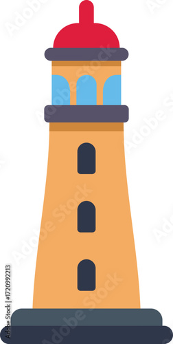 Lighthouse standing tall, emitting a bright light, guiding ships safely through the night, in a simple flat design