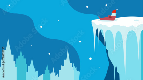 Sleigh on ice cliff with cityscape scene