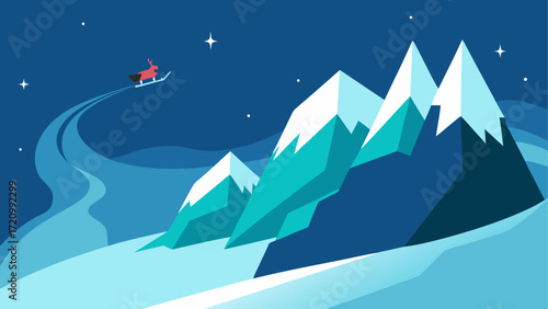 Reindeer sleigh riding over snowy mountains