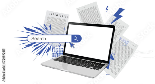 Laptop with a search bar and papers flying around, representing online research and information access.