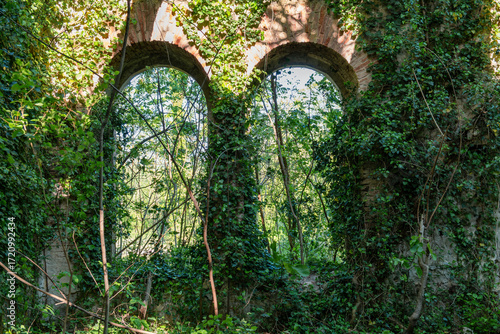 Quadro em tela Overgrown ruins with arched windows, nature reclaiming the interior of ancient abandoned building