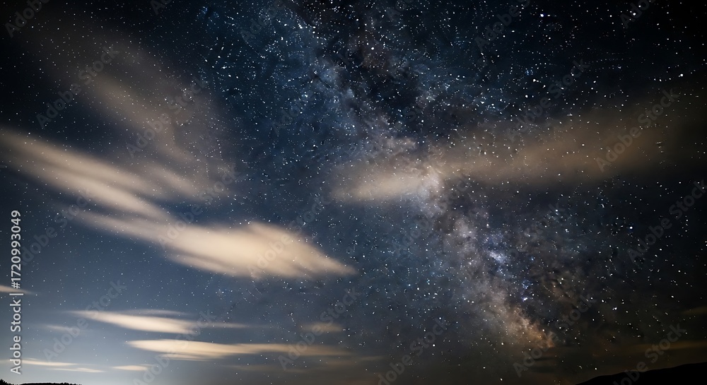 Obraz premium A breathtaking view of the night sky, filled with stars and the Milky Way, streaked with soft, pastel clouds.