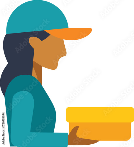 Side view of delivery woman holding a package, shipping and logistics concept