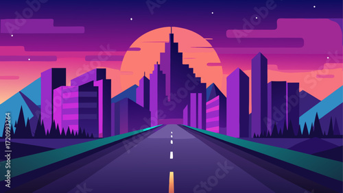 Cityscape road leading to urban skyline art