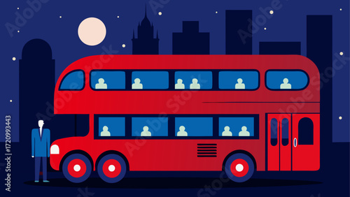 Red double decker bus at night in london