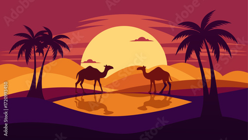 Camels and palms at sunset in the desert