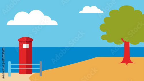Cartoon beach scene with mailbox and tree