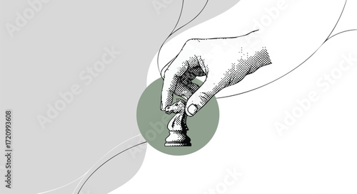 Hand holding a chess piece in front of a green circle on a white background.