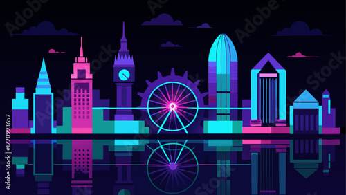Colorful london skyline with reflections