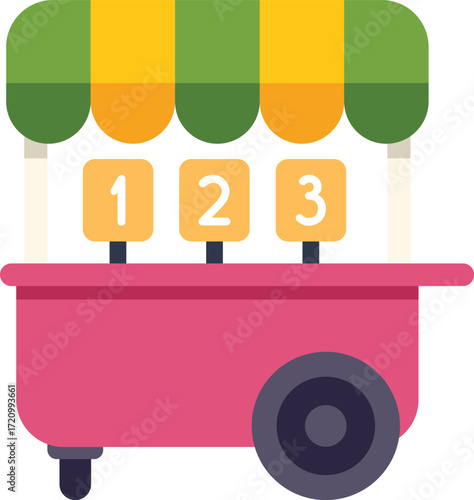 Colorful street food cart with numbered signs, ideal for representing food stalls, mobile vendors, and culinary events