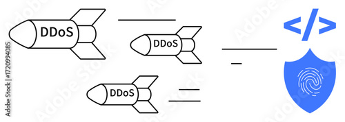 Missiles labeled DDoS move toward a shield with a code tag and fingerprint, symbolizing a protective barrier against cyber threats. Ideal for cybersecurity, online protection, tech defense, data