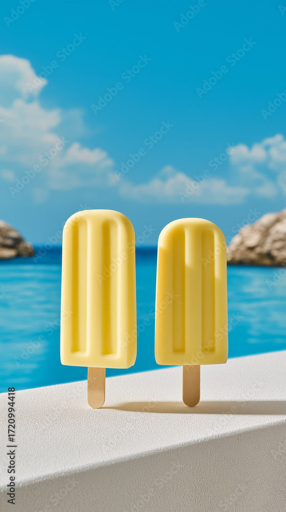 Fototapeta premium yellow lemon fruit popsicle on the beach background