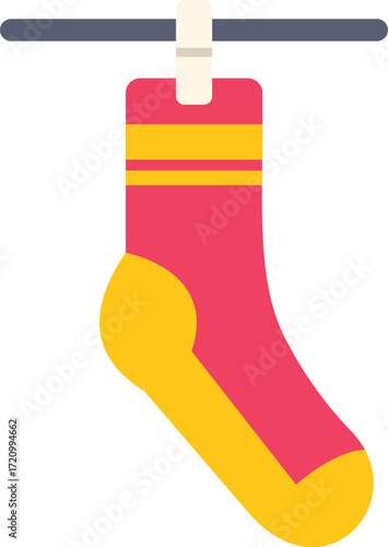 Clean red and yellow striped sock hanging on clothesline, drying after washing