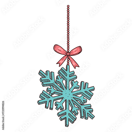 Hand drawn blue volumetric snowflake with red bow. New Year decoration. Vector illustration