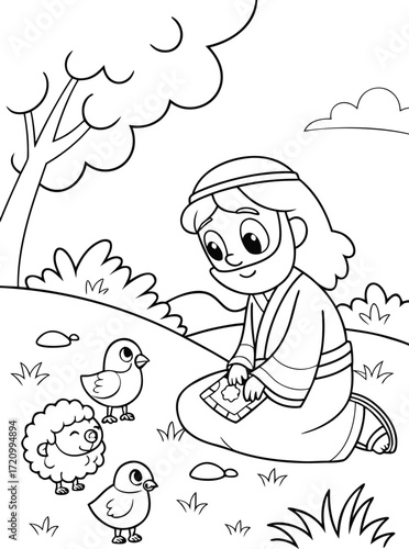 line art friendly jesus sitting with children and .eps