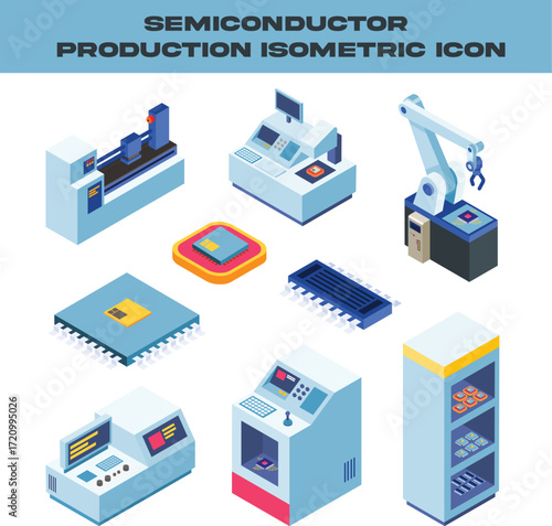 Semiconductor Production Isometric Icons - Manufacturing and Electronics Industry