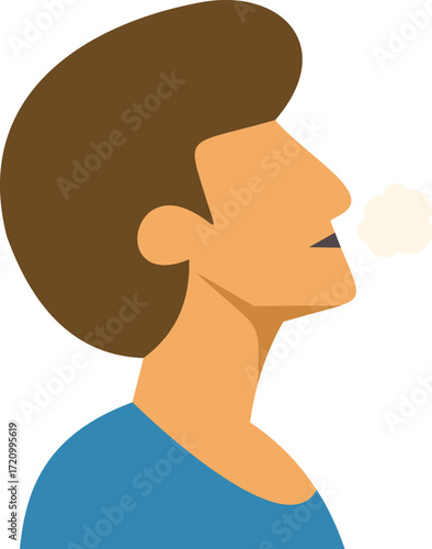 Man exhaling smoke, vapor or steam in profile view
