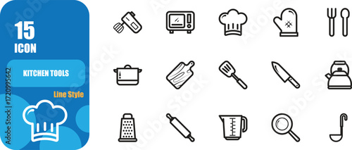 A collection of 15 minimalist kitchen tool icons in line style, featuring hand mixer, microwave, chef hat, oven glove, cutlery, cooking pot, cutting board, spatula, kitchen knife, kettle, grater, roll