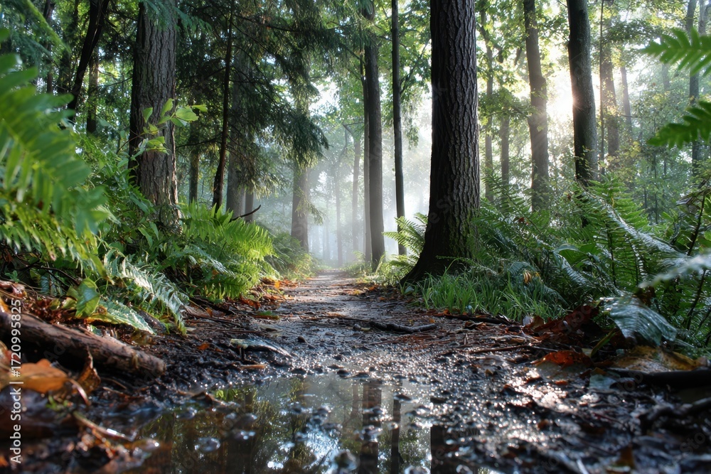 Fototapeta premium Misty Forest Path with Lush Ferns and Sunlight