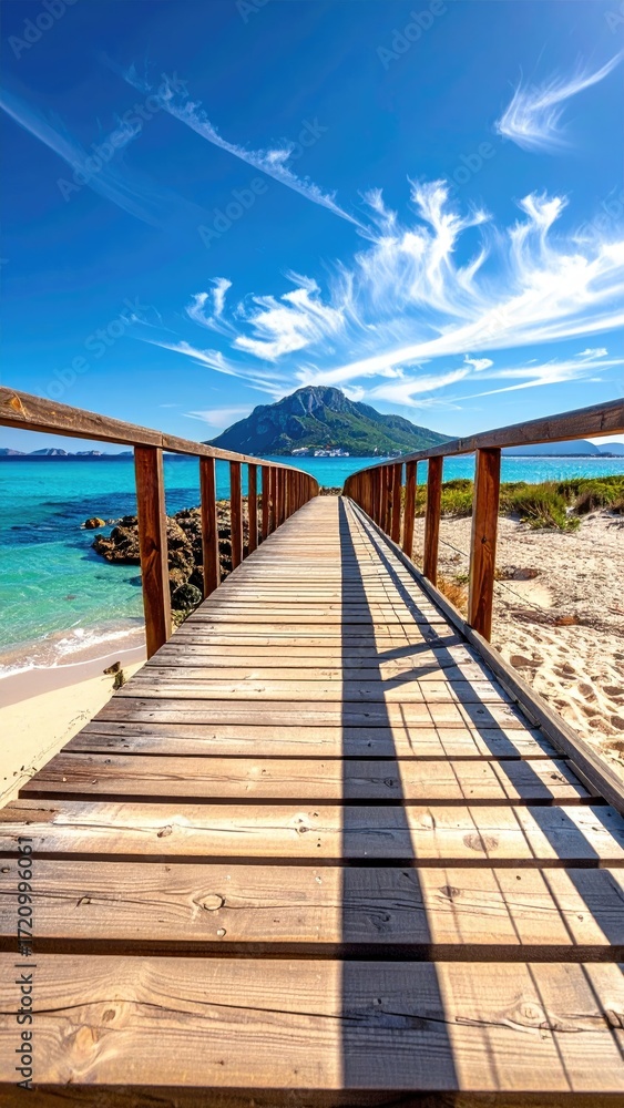 Fototapeta premium Wooden Dock Leading to Island Beach Summer Landscape