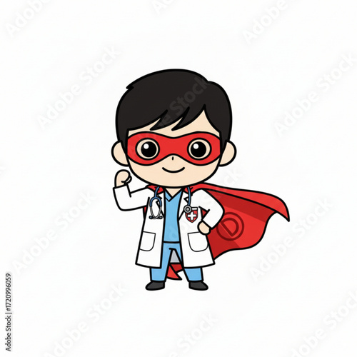 A cartoon illustration of a doctor dressed as a superhero with a red cape and mask, symbolizing strength and dedication in healthcare.