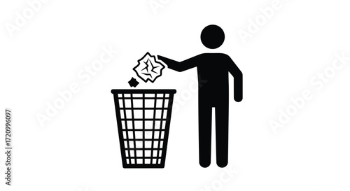 Stick figure throwing crumpled paper into a trash can