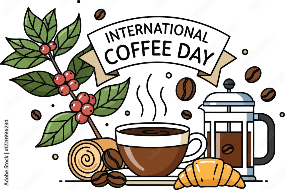 Naklejka premium Celebrate international coffee day with a French press