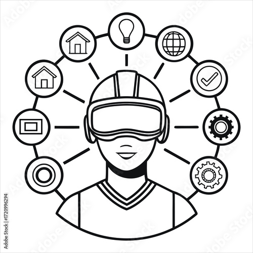 Person wearing virtual reality headset surrounded by icons vector