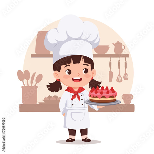 Happy little chef girl proudly presents a beautifully decorated cake on a platter in a vibrant 2D flat vector illustration with kitchen utensils in the background.