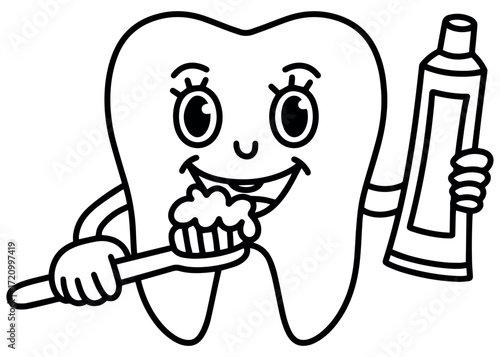 Funny tooth character brushing with toothbrush and holding toothpaste. Cheerful dental mascot promoting oral care, hygiene and healthy lifestyle for children.
