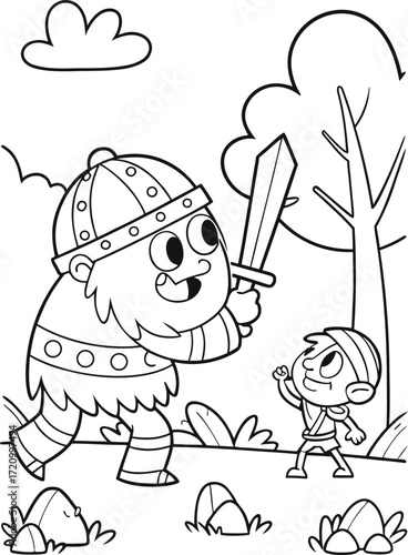 line art goliath towering over david on the battle.eps