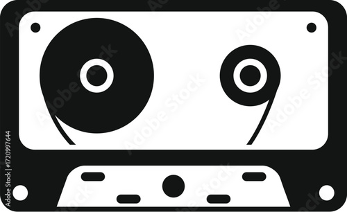 Black and white icon of an audio cassette tape recorder playing music, representing retro nostalgia and vintage technology