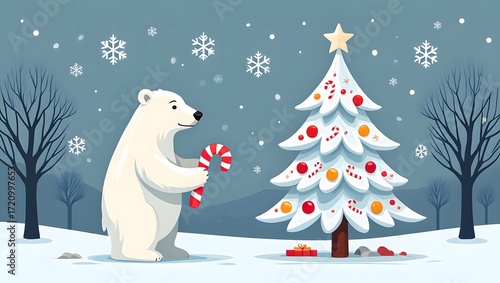 Polar bear with christmas tree and candy cane celebrating the holiday season cheer