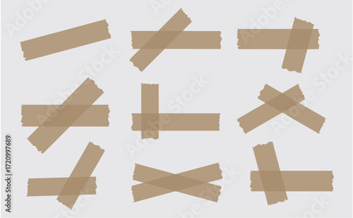 Flat Vector Set of Brown Adhesive Masking Tape Pieces in Different Shapes and Angles for Decoration and Design Elements