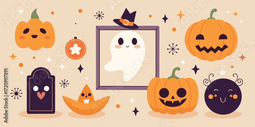 Celebrate Halloween with playful pumpkins, a friendly ghost, and spooky decorations in a cheerful autumn scene full of festive joy and charm