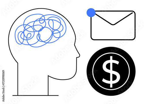 Profile of a human head with tangled lines, mail envelope, dollar icon. Ideal for money management, stress, communication, decision-making, business, financial planning simple flat metaphor