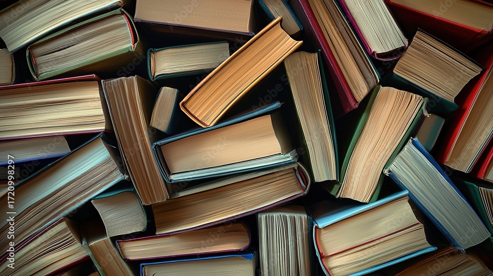 Obraz premium Pile of colorful books in various sizes forming abstract pattern, soft light highlights textures 