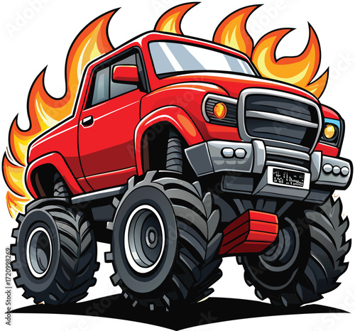 Fiery Red Monster Truck Powerful Engine Big Tires