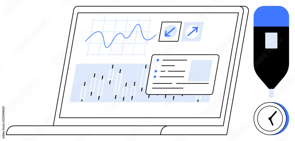 custom made wallpaper toronto digitalLaptop screen showing graphs, charts, and notes alongside a marker and clock. Ideal for analytics, productivity, time management, research, strategy planning education. Minimal flat metaphor
