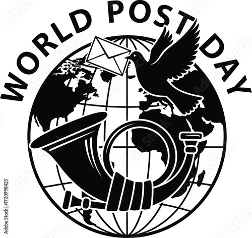 World Post Day global connection emblem with dove and horn
