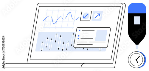 Wallpaper Mural Laptop screen showing graphs, charts, and notes alongside a marker and clock. Ideal for analytics, productivity, time management, research, strategy planning education. Minimal flat metaphor Torontodigital.ca