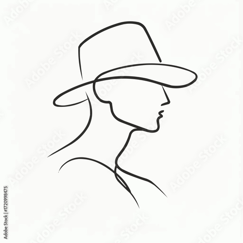 Minimalist line art portrait of a person wearing a hat, elegance and simplicity theme