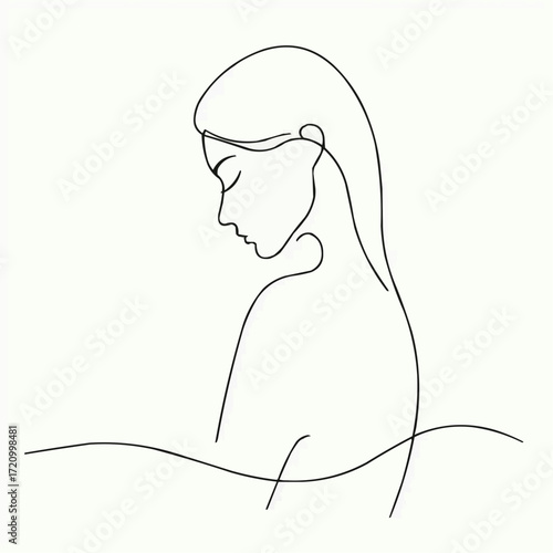 Minimalist line art portrait of a woman, serenity and elegance theme