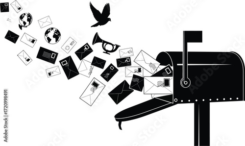 Mailbox overflows with letters, envelopes, and globes, sending messages worldwide