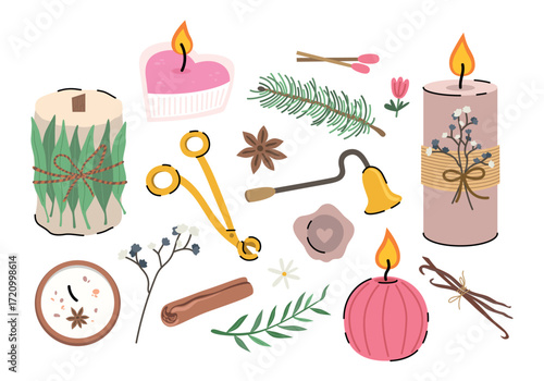 Hand drawn colorful collection of burning candles. Decorative wax candles of various sizes and shapes, candlesticks, accessories for candles, dried flowers and fruits for aromatherapy and relaxation. 