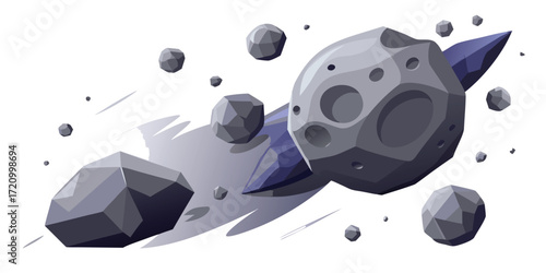Asteroid belt in deep space with various rocks and a large asteroid traveling through the cosmos at high speed