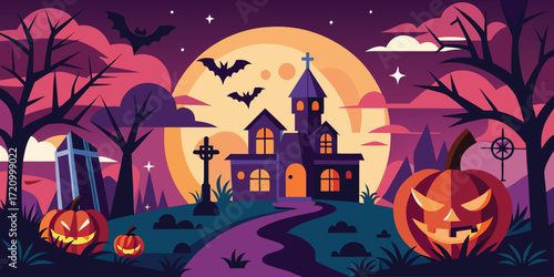 Spooky Halloween night scene with haunted house, pumpkins, bats, and a full moon illuminating the landscape