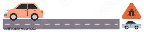 Car travels on a paved road with a triangular pothole warning sign beside it. Ideal for road safety, caution, transportation, infrastructure, hazard alert, driving awareness, simple flat metaphor